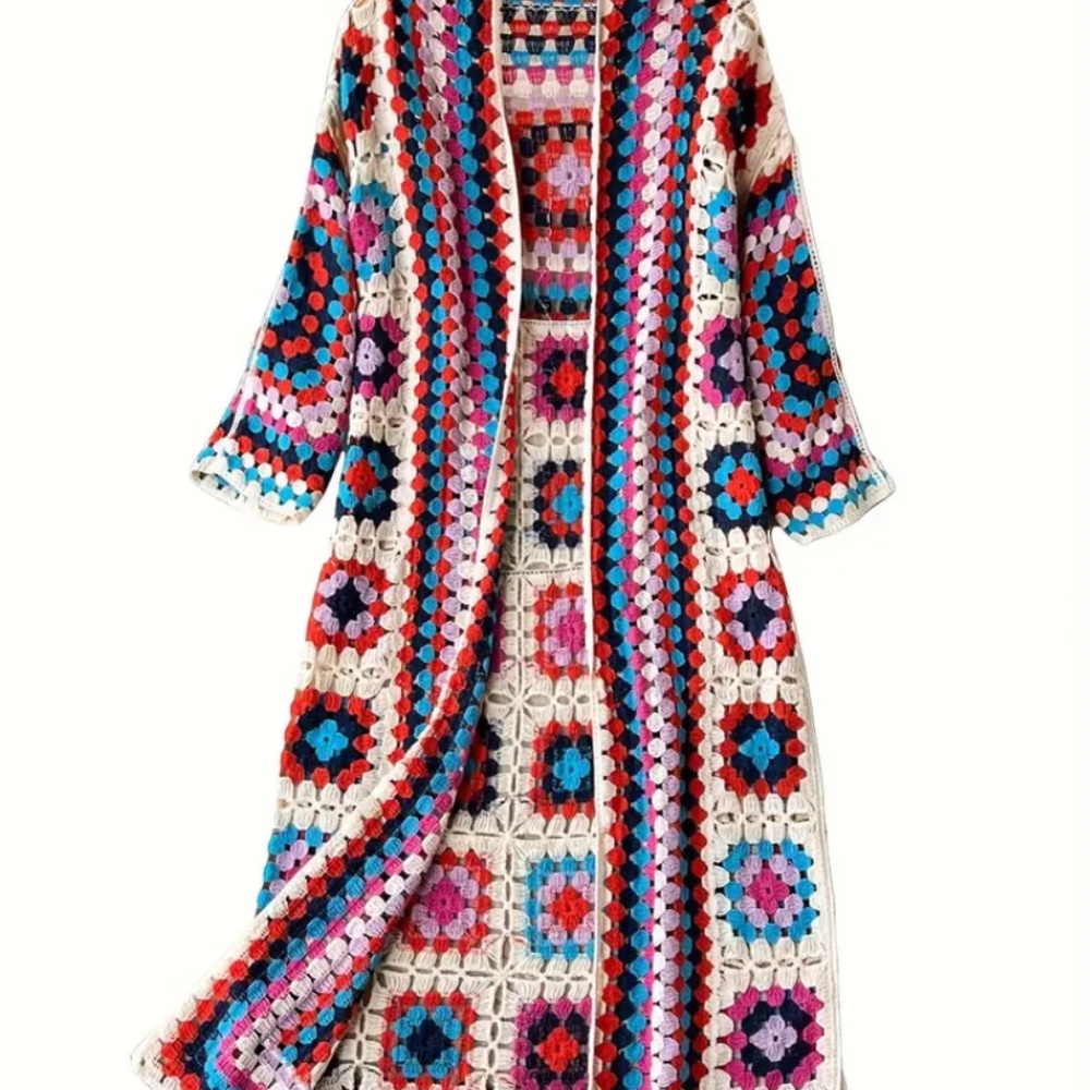Bohemian Crochet Floral Cardigan for Women | Colorful Open-Front Sweater Coat |